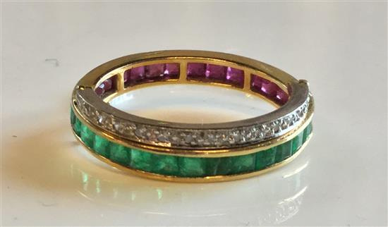 18ct gold, ruby, emerald and diamond triple ring (a.f.)